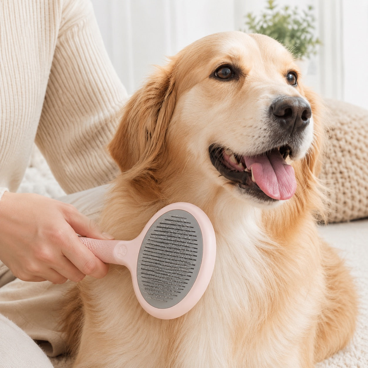 Golden retriever being groomed with the PawDearie EasyClean brush