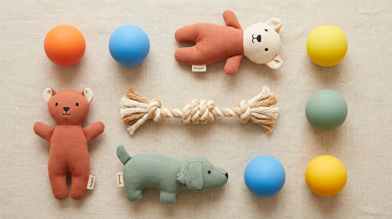 Colorful dog and cat toys flat lay