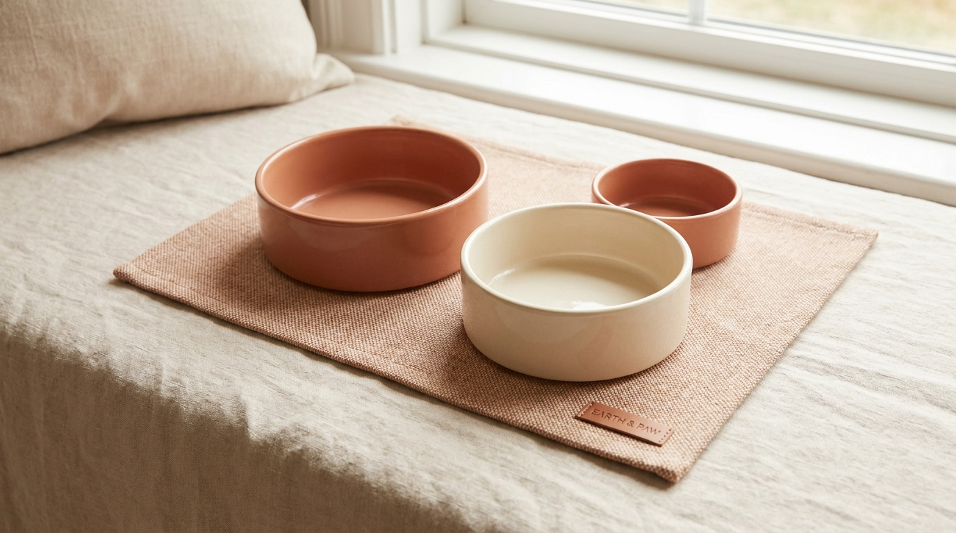 Ceramic pet feeding bowls and mat